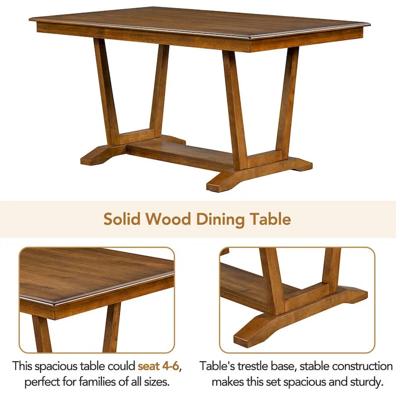 Rustic 5-Piece Dining Set - Solid Wood Table with Trestle Base, 59-inch Rectangular Dining Table and 4 Upholstered Chairs