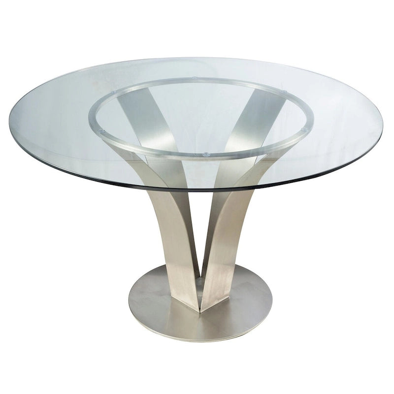 48 Inch Dining Table with Round Glass Top and Metal Base, Chrome