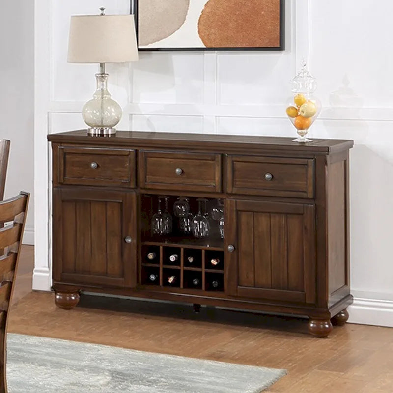3 Drawers and 2 Doors Wooden Server with Wine Storage in Walnut