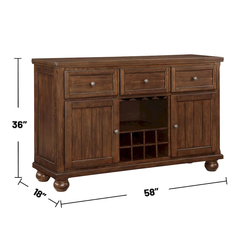 3 Drawers and 2 Doors Wooden Server with Wine Storage in Walnut