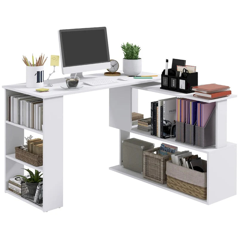 L Shaped Corner Desk, 360 Degree Rotating Home Office Desk with Storage Shelves, Writing Table Workstation