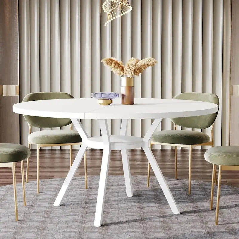 White Round Dining Table with Metal Legs - 47 Inch for 4-6 People