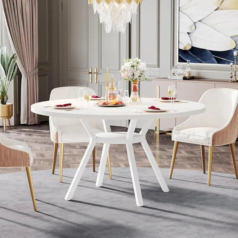 White Round Dining Table with Metal Legs - 47 Inch for 4-6 People