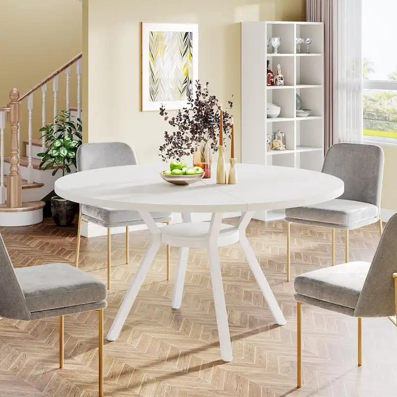 White Round Dining Table with Metal Legs - 47 Inch for 4-6 People