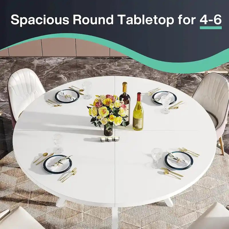 White Round Dining Table with Metal Legs - 47 Inch for 4-6 People