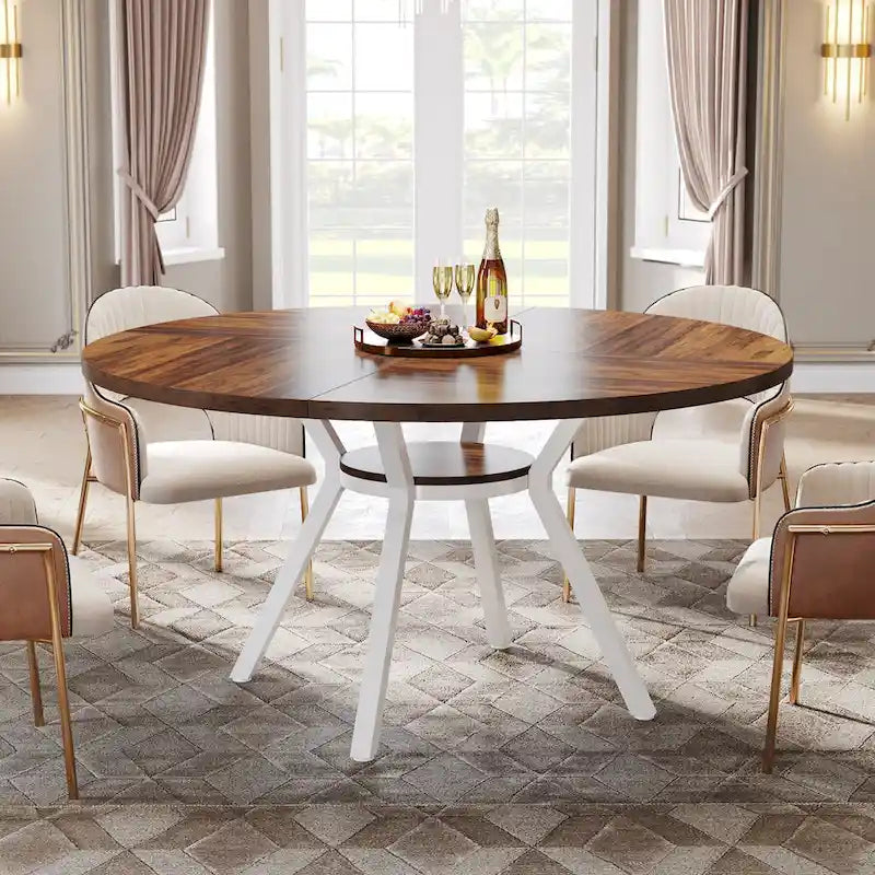 White Round Dining Table with Metal Legs - 47 Inch for 4-6 People