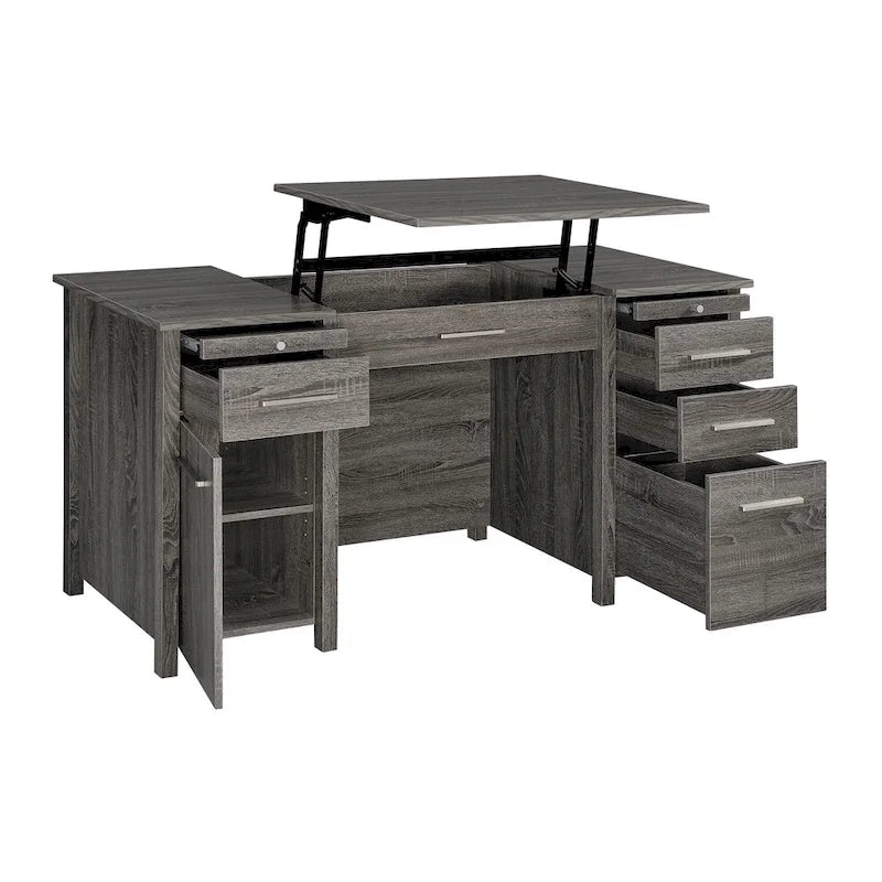 Wim 60 Inch 4 Drawer Lift Top Office Desk, 2 Pull Out Trays, Weathered Gray