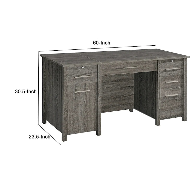 Wim 60 Inch 4 Drawer Lift Top Office Desk, 2 Pull Out Trays, Weathered Gray