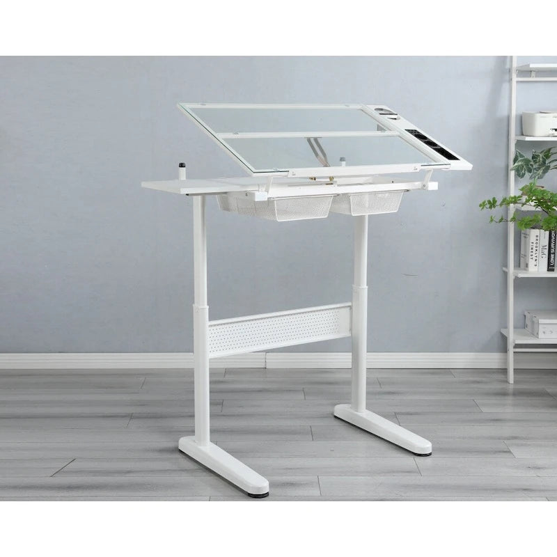 Hand Crank Adjustable Drafting Drawing Table with Stool and 2 Drawers