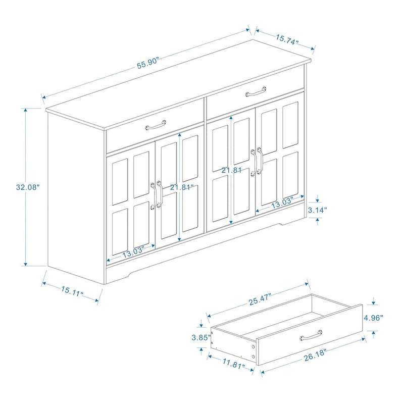 Large Farmhouse Buffet Cabinet Storage Sideboard w/2 Drawers & 4 Doors