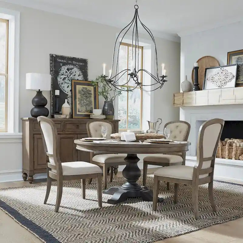 Americana Farmhouse Dusty Taupe Pedestal Table Set with Dining Chairs Options