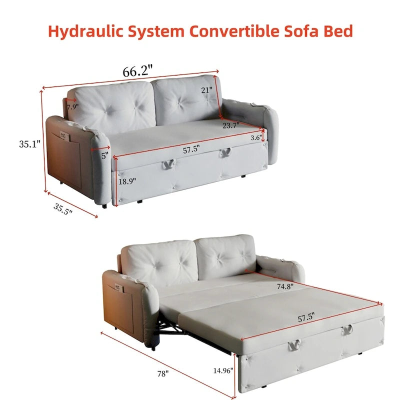 66.2Queen Pull Out Sofa Bed,Hydraulic System Convertible Sleeper Sofa