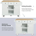 Oaks Aura 5-wheel White Kitchen Cart, Rubberwood Drop-Leaf Countertop, Internal storage racks, 3-drawer Storage Cabinet