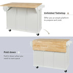 Oaks Aura 5-wheel White Kitchen Cart, Rubberwood Drop-Leaf Countertop, Internal storage racks, 3-drawer Storage Cabinet