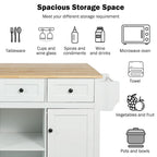 Oaks Aura 5-wheel White Kitchen Cart, Rubberwood Drop-Leaf Countertop, Internal storage racks, 3-drawer Storage Cabinet