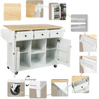 Oaks Aura 5-wheel White Kitchen Cart, Rubberwood Drop-Leaf Countertop, Internal storage racks, 3-drawer Storage Cabinet