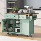 Oaks Aura 5-wheel White Kitchen Cart, Rubberwood Drop-Leaf Countertop, Internal storage racks, 3-drawer Storage Cabinet