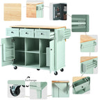 Oaks Aura 5-wheel White Kitchen Cart, Rubberwood Drop-Leaf Countertop, Internal storage racks, 3-drawer Storage Cabinet