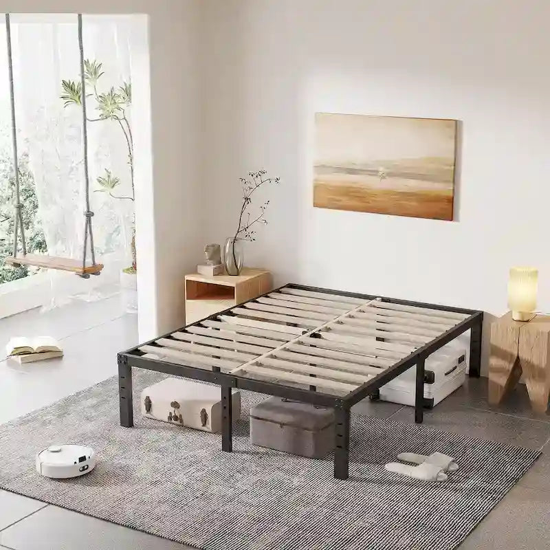 16 Inch Black Metal Platform Bed Frame With Wood Slats Support