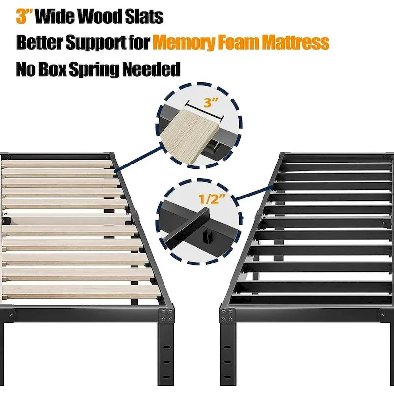 16 Inch Black Metal Platform Bed Frame With Wood Slats Support