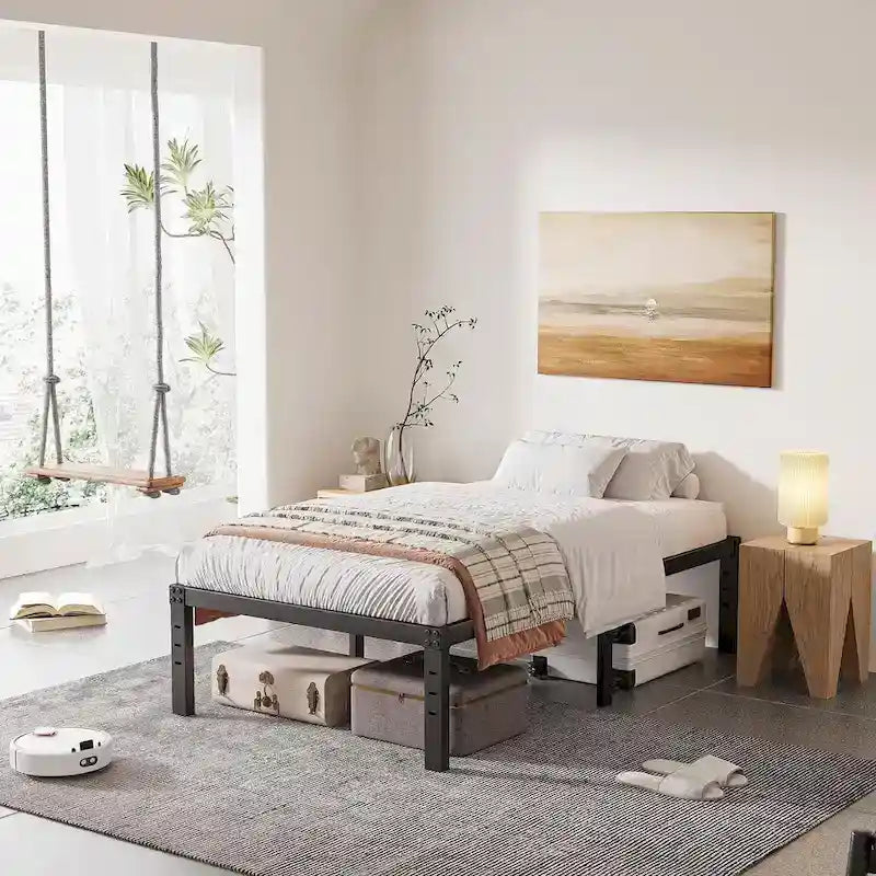 16 Inch Black Metal Platform Bed Frame With Wood Slats Support