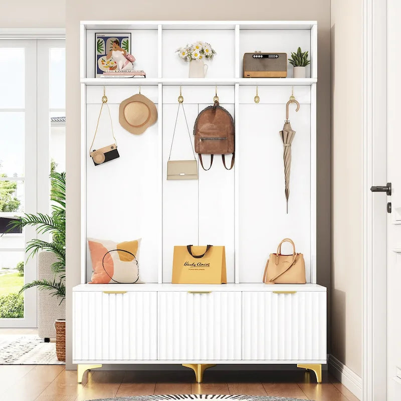 Storage Hall Tree with Bench, Multi-functional Storage Bench with High Gloss Fluted Doors, Coat Rack with 6 Hooks and Legs