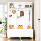 Storage Hall Tree with Bench, Multi-functional Storage Bench with High Gloss Fluted Doors, Coat Rack with 6 Hooks and Legs