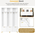 Storage Hall Tree with Bench, Multi-functional Storage Bench with High Gloss Fluted Doors, Coat Rack with 6 Hooks and Legs