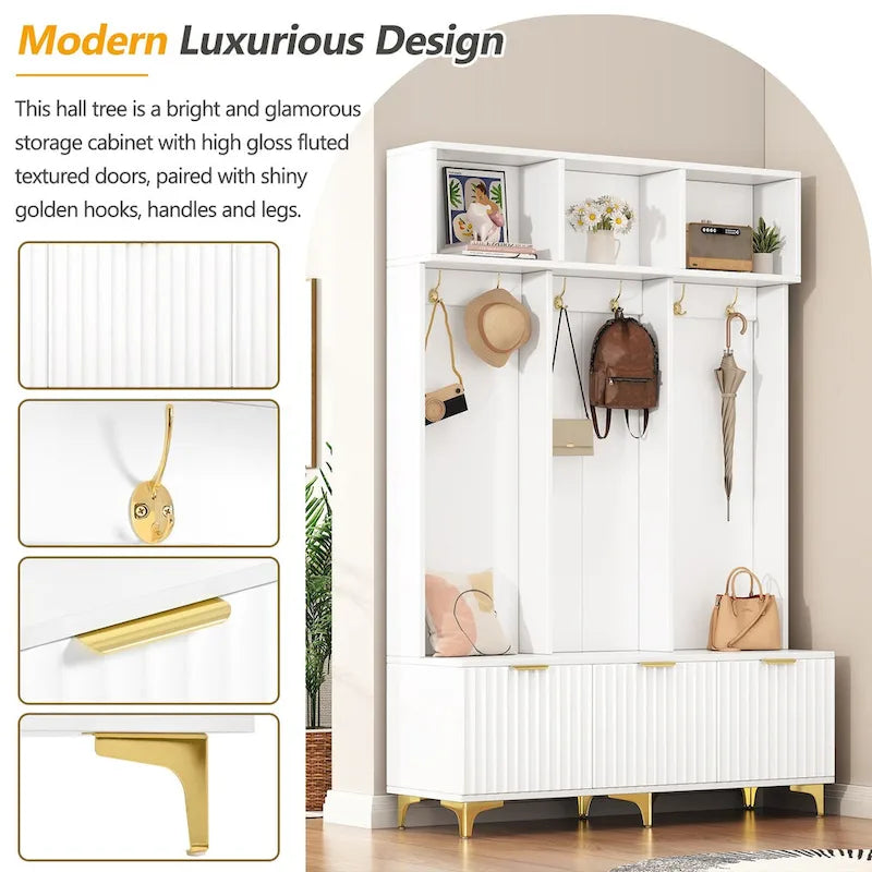 Storage Hall Tree with Bench, Multi-functional Storage Bench with High Gloss Fluted Doors, Coat Rack with 6 Hooks and Legs