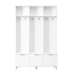 Storage Hall Tree with Bench, Multi-functional Storage Bench with High Gloss Fluted Doors, Coat Rack with 6 Hooks and Legs
