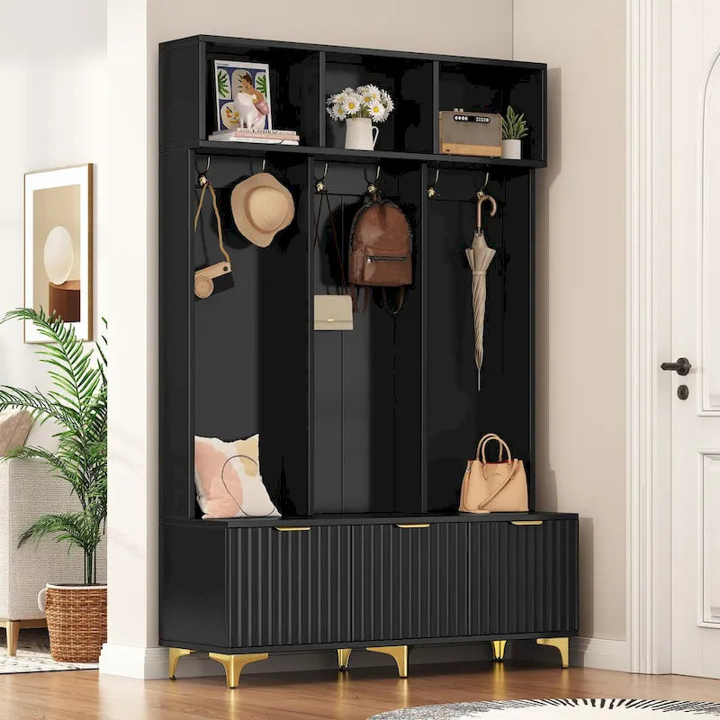 Storage Hall Tree with Bench, Multi-functional Storage Bench with High Gloss Fluted Doors, Coat Rack with 6 Hooks and Legs