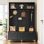 Storage Hall Tree with Bench, Multi-functional Storage Bench with High Gloss Fluted Doors, Coat Rack with 6 Hooks and Legs