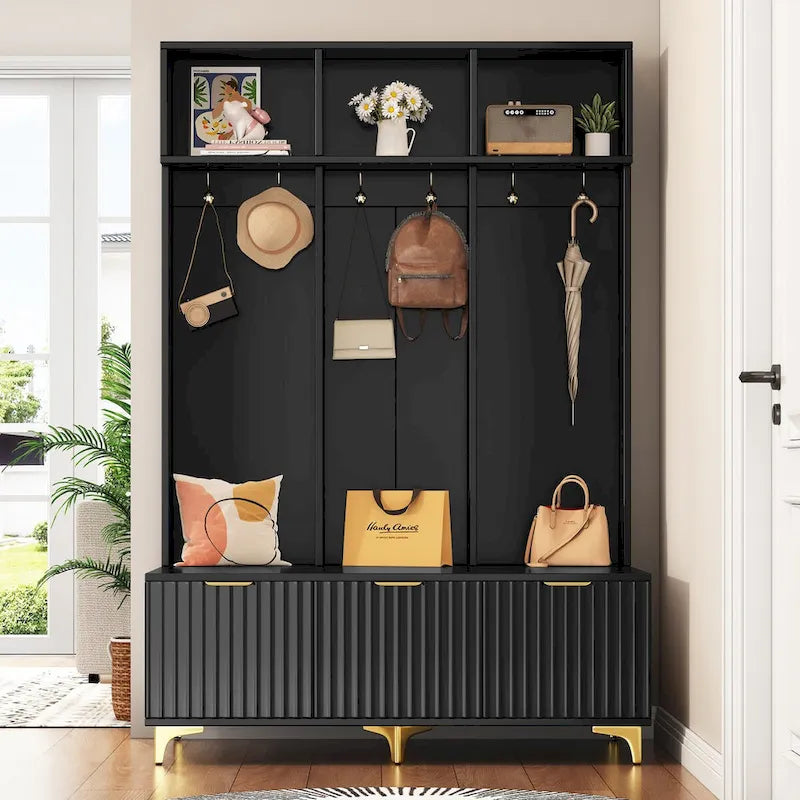 Storage Hall Tree with Bench, Multi-functional Storage Bench with High Gloss Fluted Doors, Coat Rack with 6 Hooks and Legs