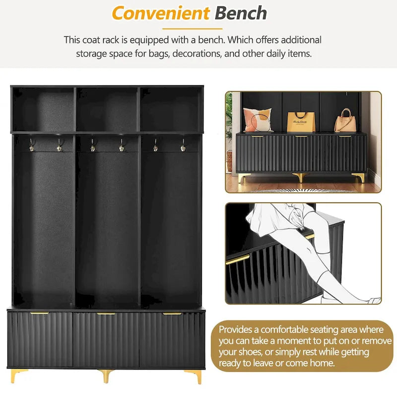 Storage Hall Tree with Bench, Multi-functional Storage Bench with High Gloss Fluted Doors, Coat Rack with 6 Hooks and Legs
