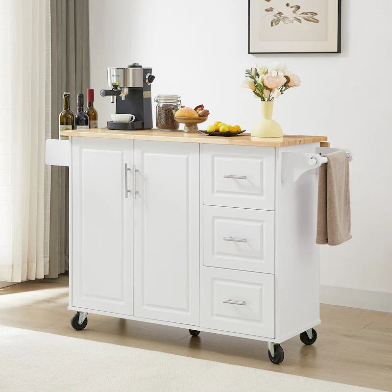Rolling Kitchen Island with Drop Leaf Countertop,Barn Door Kitchen Island Table with Storage Cabinet and Tower Rack