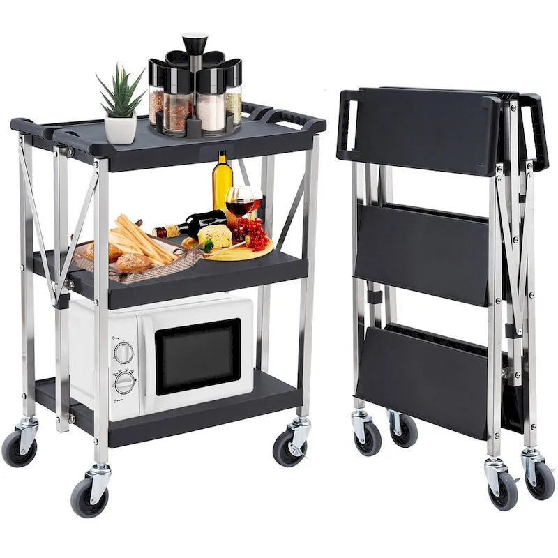 Foldable Utility Black 3-Tier Service Cart with Wheels Lockable - N/A