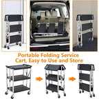 Foldable Utility Black 3-Tier Service Cart with Wheels Lockable - N/A