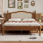 Wooden Platform Bed with Natural Rattan Headboard