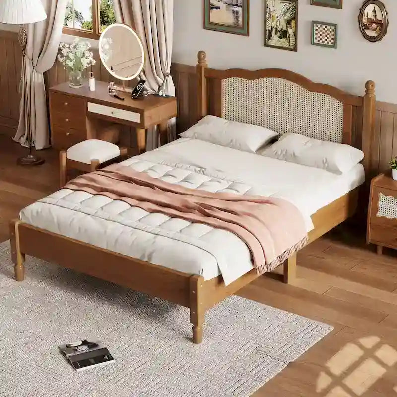 Wooden Platform Bed with Natural Rattan Headboard