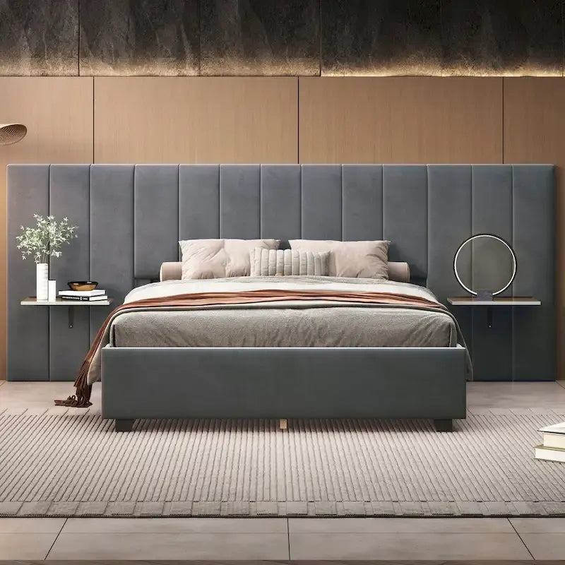 Upholstered Platform Bed with Headboard Shelves - Beige/Gray/Pink - Full/Queen