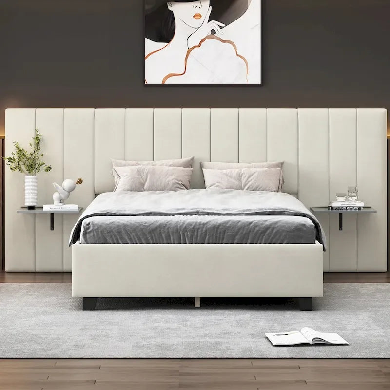 Upholstered Platform Bed with Headboard Shelves - Beige/Gray/Pink - Full/Queen