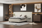Upholstered Platform Bed with Headboard Shelves - Beige/Gray/Pink - Full/Queen