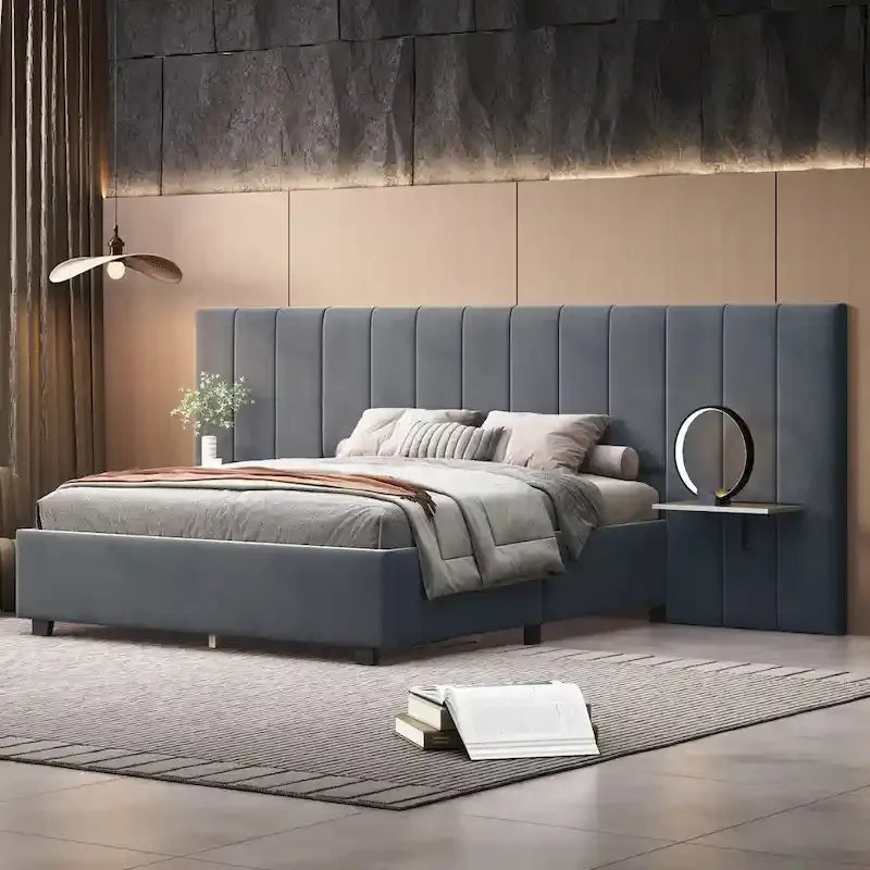 Upholstered Platform Bed with Headboard Shelves - Beige/Gray/Pink - Full/Queen