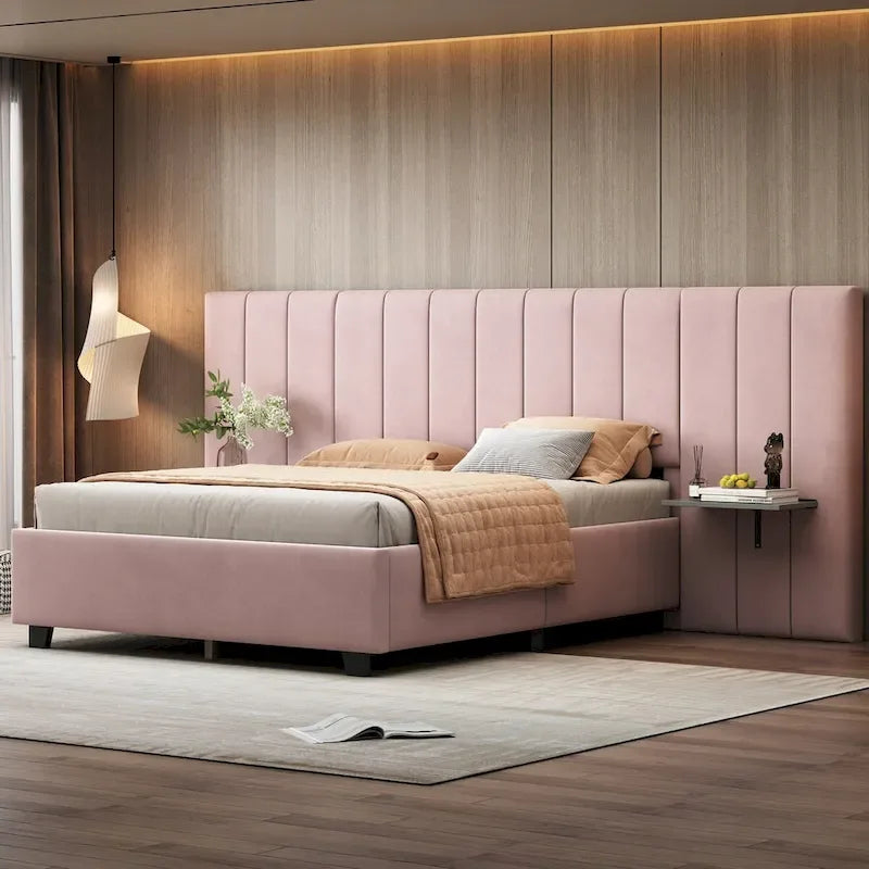 Upholstered Platform Bed with Headboard Shelves - Beige/Gray/Pink - Full/Queen