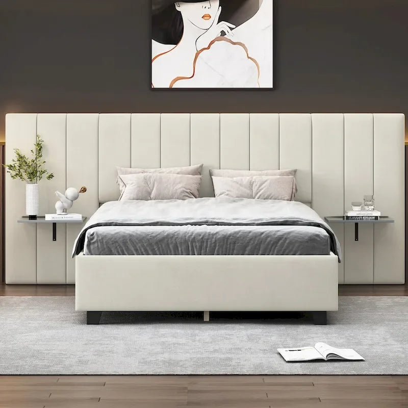 Upholstered Platform Bed with Headboard Shelves - Beige/Gray/Pink - Full/Queen