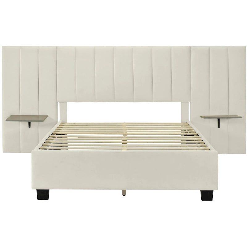 Upholstered Platform Bed with Headboard Shelves - Beige/Gray/Pink - Full/Queen