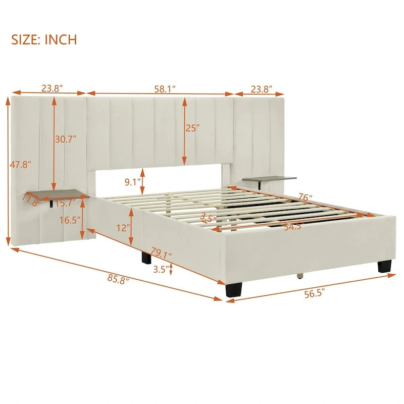 Upholstered Platform Bed with Headboard Shelves - Beige/Gray/Pink - Full/Queen