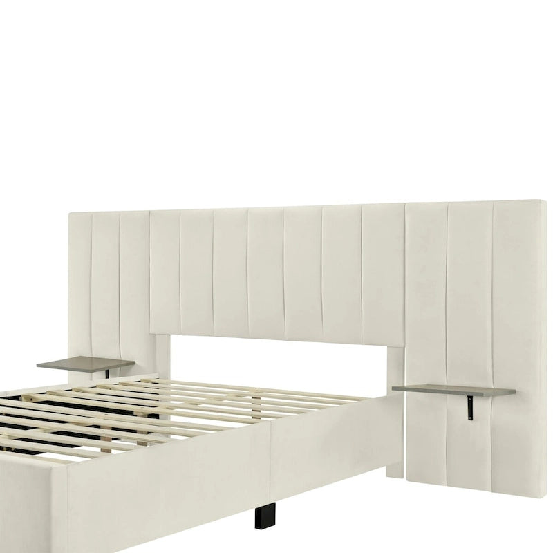 Upholstered Platform Bed with Headboard Shelves - Beige/Gray/Pink - Full/Queen
