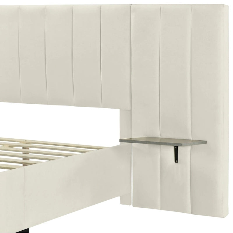 Upholstered Platform Bed with Headboard Shelves - Beige/Gray/Pink - Full/Queen