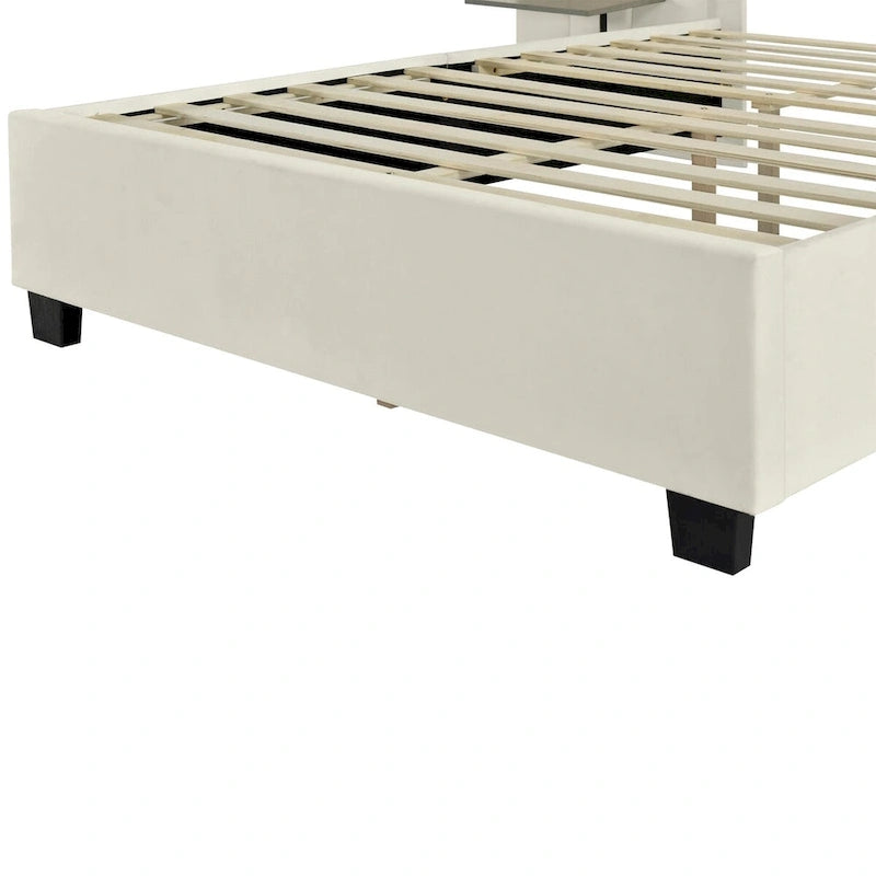 Upholstered Platform Bed with Headboard Shelves - Beige/Gray/Pink - Full/Queen